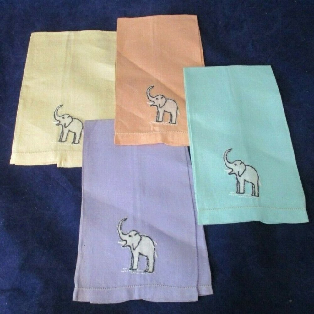 Vintage Elephant Applique Luncheon Cocktail Napkins A Set of Four Assorted Color